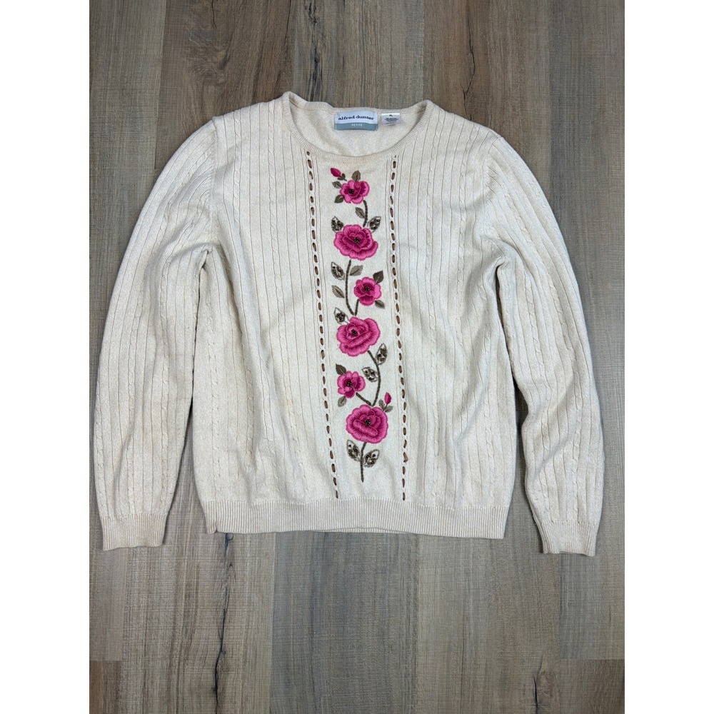 Alfred Dunner Vintage Petite Cream Floral Embroidered Beaded Cable Knit Sweater